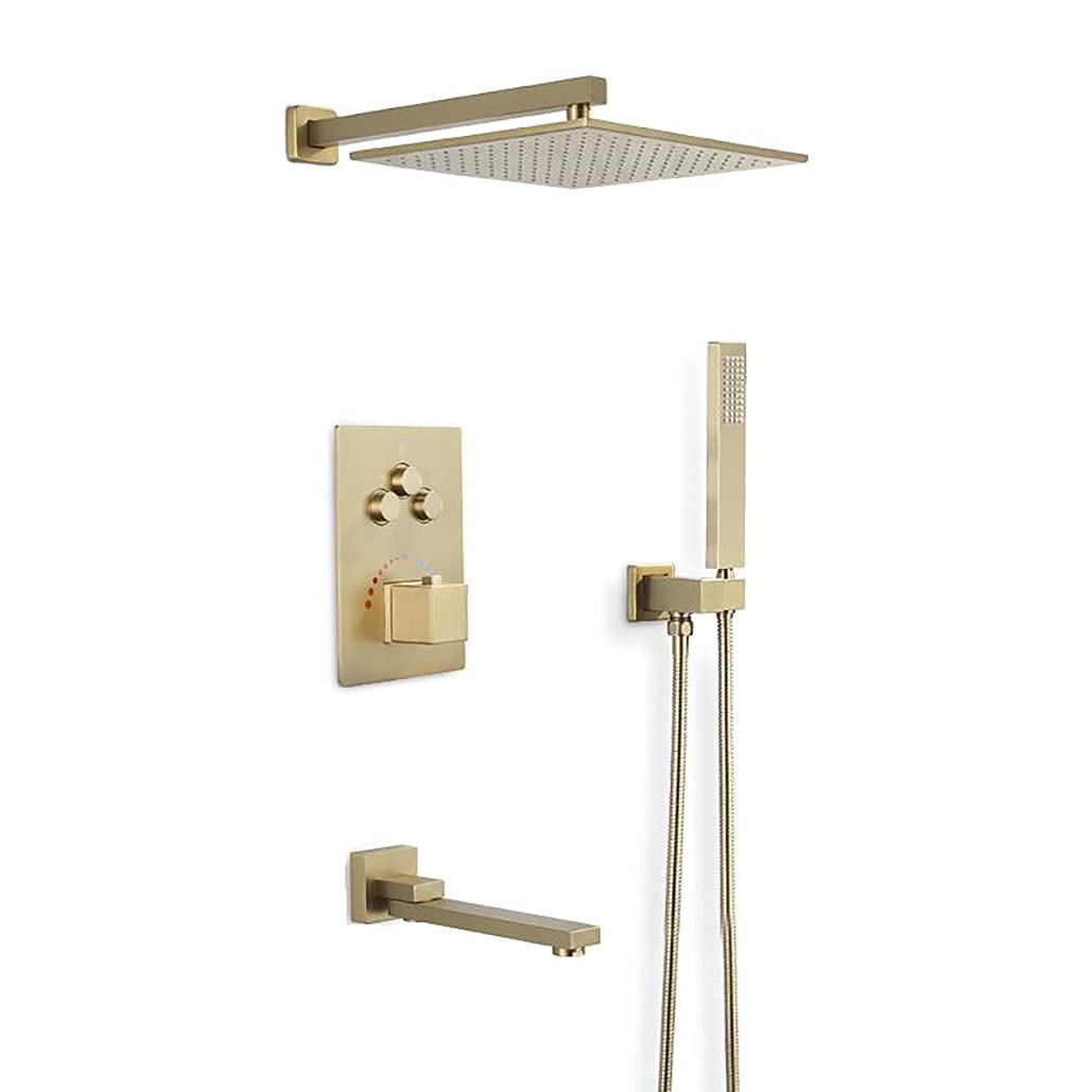 AYCDL Brushed Gold Brass Concealed Thermostatic Wall Mounted Bathroom Shower Faucet Set with 10-12" Square Rainfall Shower Head and Handheld Tub Taps, Luxury Shower S,size_name-10 Inch