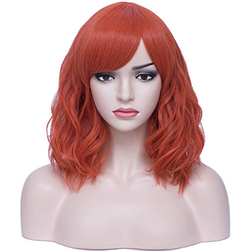 BERON Red Orange Wig Short Curly Wig Orange Wig with Bangs Red orange Wig for Women Synthetic Hair Cosplay Daily Wig(Dark Orange)