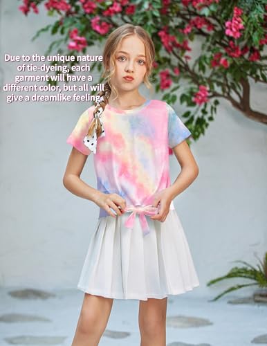 Image of Arshiner Girls Short Sleeve Shirts Tie Knot Front Tops T Shirts for Kids Crewneck Cute Casual Tie Dye Tee Blouse