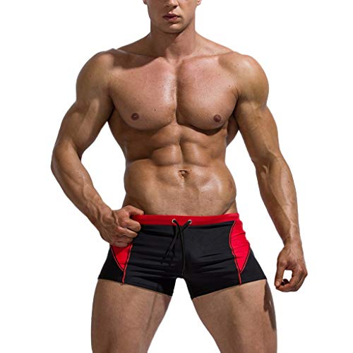 MTENG Mens Swim Trunks Short Square Leg Swimming Briefs Swimwear Short Swim Trunks(Red,L)