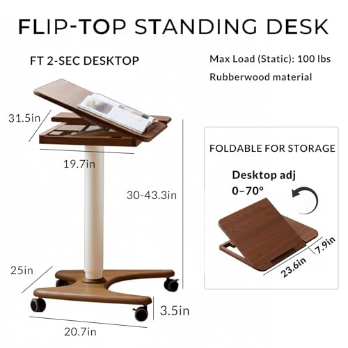 Image of 31.5in Mobile Standing Desk, 30-43.3in Rolling Desk Adjustable Height, Two-Piece Desktop with Tilting Top (0-70), on Wheels, Home Offices, Apartments, Bed & Sofa, Walnut Color