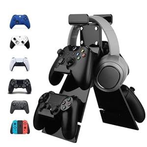 Controller Stand with Headphone Holder, Acrylic Game Controller Holder Compatible with Xbox PS4 PS5 Nintendo Switch, Universal Controller Rack for Desk, Controller & Headset Stand – Black