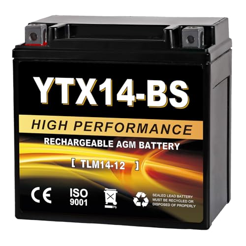 Daakmax YTX14-BS 12V 14Ah AGM Sealed Motorcycle Battery Maintenance-Free Compatible with Honda Yamaha Kawasaki Suzuki and UTVs Jet Skis Snowmobiles
