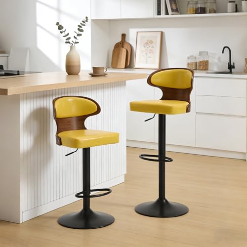 LIFEISLE Bar Stools Set of 2 360 Swivel Barstools with Solid Wood Back and Footrest Leather Adjustable Counter Height Chairs for Bar Kitchen Dining Room (Yellow)