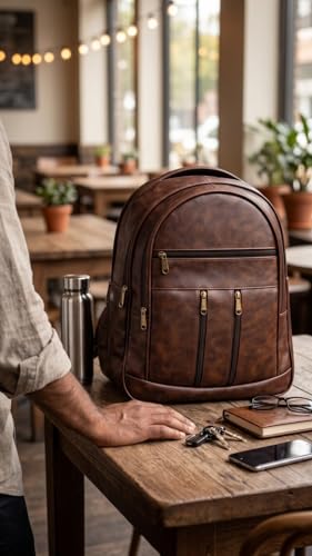 Image of Laptop Backpack for Men & Women | Black Faux Leather Office & Travel Bag 40L | Spacious Laptop Compartment | Front Organizer Pocket | College, Business & Daily Use