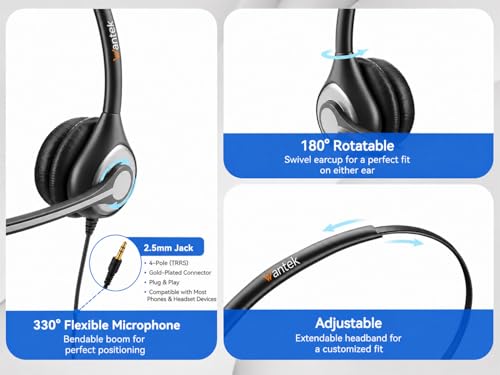 Image of Wantek 2.5mm Headset with Microphone, Wired Phone Headset, Noise Cancelling & Volume Controls, Telephone Headphone Compatible with Panasonic, Cisco, Polycom, Gigaset's 2.5mm Jack Phone Headset
