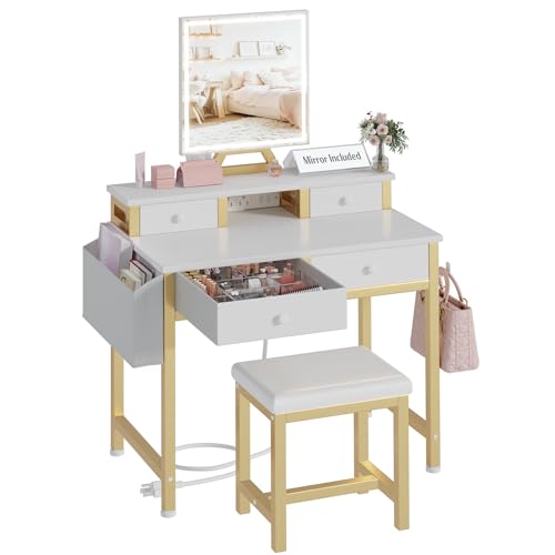 Small Makeup Vanity Desk with Lights, 31 inch Girls Vanity Set with Mirror and Chair, Make Up Dresser Table with Drawers and Power Outlet for Bedroom Small Space, White and Gold