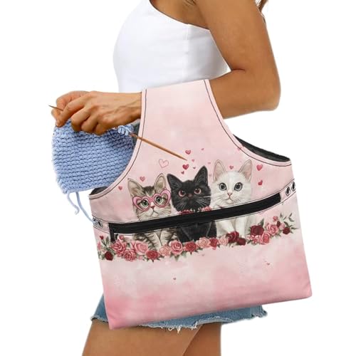 Image of KUIFORTI Kitten Knitting Yarn Bag Valentines Day Rose Crochet Bags for Women Knitting Needles, Yarns and Unfinshed Project, Crochet Hook Organizer Holiday Decoration