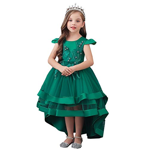 MYRISAM Girls Princess Pageant High Low Tulle Dress Bridesmaid Wedding Prom Birthday Communion Party Dance Ball Gowns Deep Green 9-10T