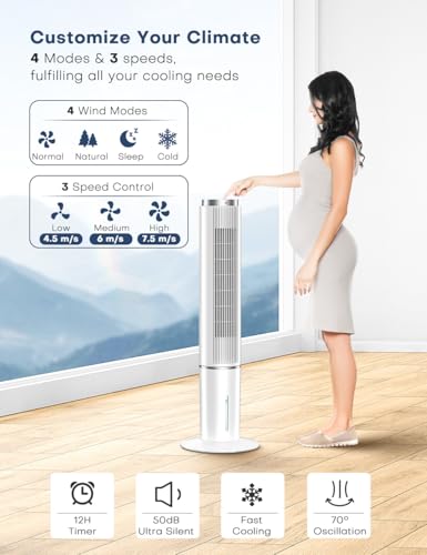Image of HIFRESH Personal Air Cooler for Home, 107CM Portable Fan, Touch & Remote Control, 4 Mode& 3 Speed, 26Ft Air Throw, 12H Timer, 4 Ice Packs, Auto Rotation, Low Power Consumption Tower Cooler for Room