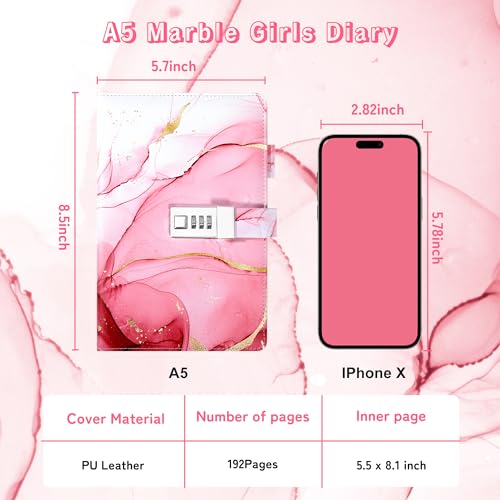 Image of CAGIE Diary with Lock for Girls, A5 Password Refillable Lined Journal Kit Locked Diary, Cute Stuff Christmas Birthday Gifts for Girls 6 7 8 9 10 11 12 13 14 Year Old Girl Toys, Teen Girl Gifts, Pink