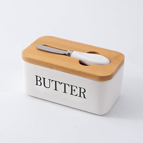 European Size Porcelain Butter Container with Double Silicone Seals,Large Butter Dish with Lid and Knife,Ceramic Butter Box, Perfect for Butter, Nuts, Cheese(White)