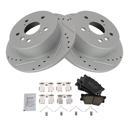 Image of TRQ Performance Rear Brake Pad and Rotor Set Ceramic Coated Drilled Slotted Compatible with 2007-2012 Lexus ES350 2008-2012 Toyota Avalon 2007-2011 Camry