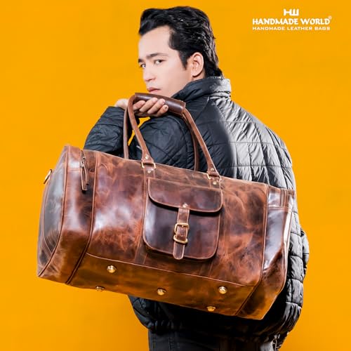 Handmade World 24 Inch Full Grain Crunch Leather Weekender Duffle Bag 'The Mettle' For Travel Sports Luggage Business For Men Women (Crunch Leather)3