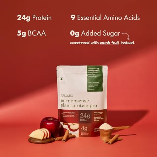 Image of Cosmix No-Nonsense Yeast Protein | 24g Complete Protein /Serve | Apple Cinnamon | Made with Real Apples & Cinnamon | Clean Vegan Protein | Gut-Friendly | Easy to Digest - single serve sachets -38gm