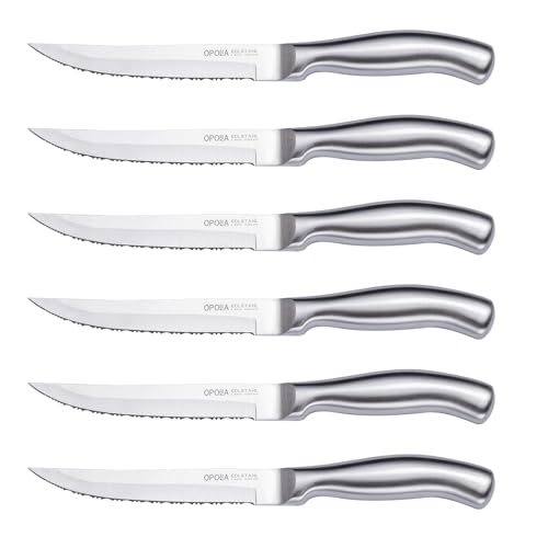 OPOLIA Steak Knives Set of 6, Serrated Edge Stainless Steel Kitchen Knife with Ergonomic Handle, Dishwasher Safe, Silver