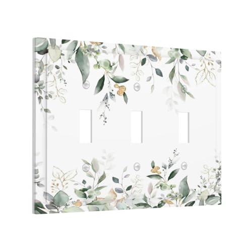 Decorative Switch Plate Covers Rustic Ink Green Eucalyptus Leaves Sage leaf 3 Gang Light Switch Cover Plate Triple Toggle Wall Plate Light Switch Covers for Country Bedroom Home Decor