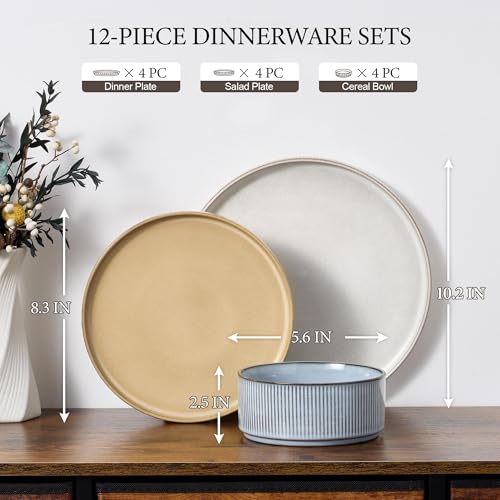 Image of E-far 12-Piece Plates and Bowls Sets, Stoneware Dinnerware Dishes Sets for 4, Kitchen Modern Dining Dishware, Chip & Scratch Resistant, Microwave & Dishwasher Safe, Multicolor
