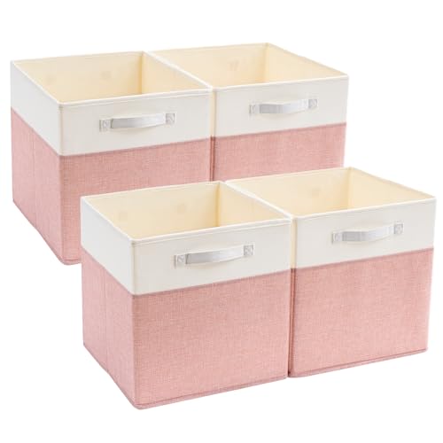 Mangata Caja de almacenamiento de 33 x 33 x 33 cm, sin arrugas, cestas de almacenamiento para Kallax, cestas, cofres, juguetes, 4 unidades, color rosa / beige y blanco