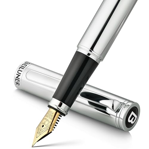 BEILUNER Silver Chrome Fountain Pen,Stunning Luxury Pens with 24K Gold Accents, Gorgeous 24K Gilded Nib(Fine) (Fine Nib, Silver) Silver Fine Nib