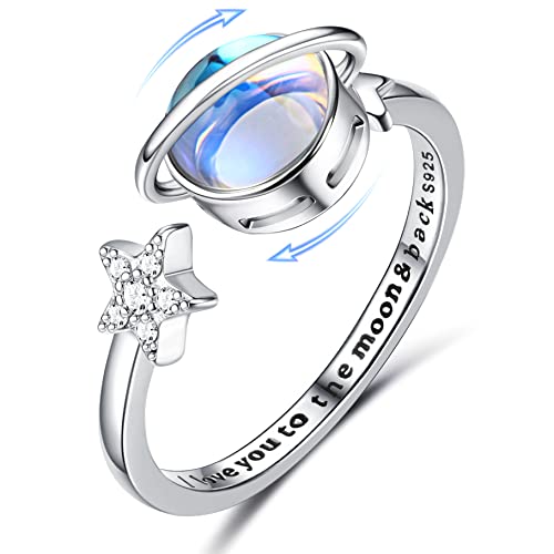 Krfy 925 Silber Angst Fidget Ringe für Damen 18K Weiß überzogener Mondstein Moodstone CZ Offener Ring für Anti Stress Einstellbarer Stern Mond Spinner Ring Fidget Ring für Frauen Mädchen