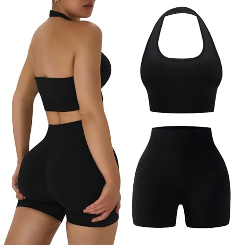 OLCHEE Workout Sets for Women 2 Piece Backless Halter Sports Bra High Waist Booty Shorts Yoga Gym Outfits Lounge Activewear