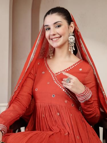 Image of Gulmohar Jaipur Women's Malmal Solid Angrakha Neck Anarkali Kurta Suit Set