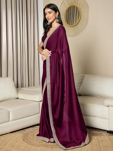 Image of AKHILAM Women's Satin Solid Ready To Wear one Minute Saree with Unstitched Blouse Piece