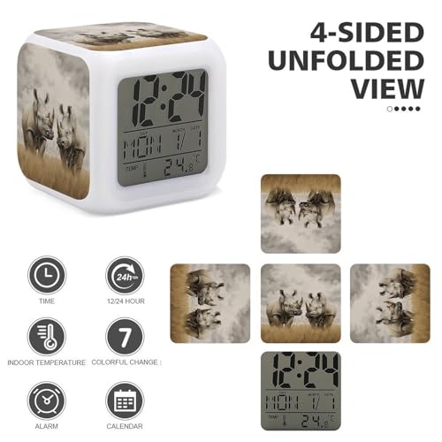 Réveil numérique à affichage LED lisible avec figurines rhinocéros intégrées