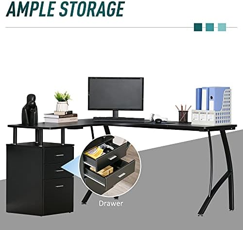 HOMCOM L-Shaped Computer Desk Table with Storage Drawer Home Office Corner Industrial Style Workstation, Black