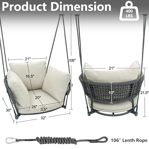 Image of Swing Chair Outdoor, Single Hanging Porch Swing, Ceiling Hanging Chair for Bedroom, 106 inch Adjustable Rope Swinging Chair Indoor, Heavy Duty 400lbs Patio Outdoor Swings for Deck /Balcony, Beige