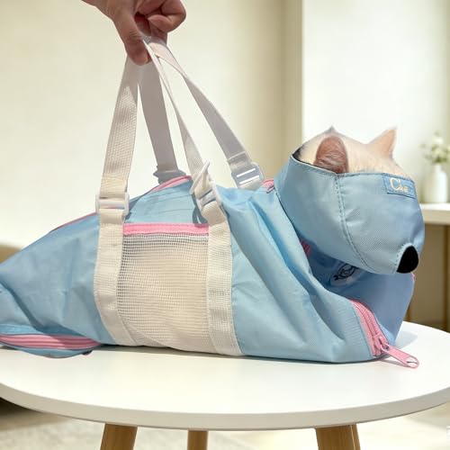 Image of Cinf Cat Nail Clipping Cleaning Grooming Restraint Bag （Free Muzzle） No Scratching Biting for Bathing Nail Trimming Injecting Examining((Sky Blue Blush,M)