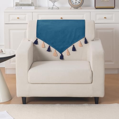 Image of HOKIPO Premium Holland Velvet Sofa Backrest Cover with Tassels - 'TasselTone Series', Sea Blue (IN-1103-BL)