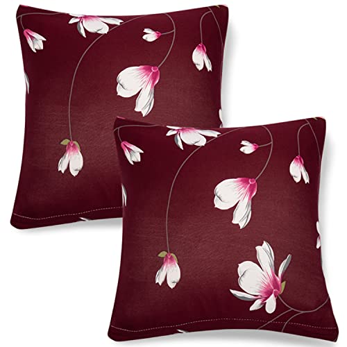 Image of HOKIPO Stretchable Cushion Cover 16x16 Pack of 2, Wine Red Flowers (AR-4098-D11*2)