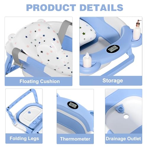 Image of TPN Collapsible Baby Bathtub, Baby Bath Tub with Soft Cushion & Real-Time Thermometer, Baby Bathtub Infant to Toddler Tub (0-36 Months), Portable Newborn Travel Bath Tub