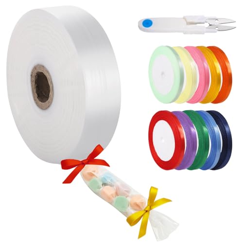 byepica 984 Ft Clear Poly Tubing Roll Set, Industrial Flat Pe Plastic 2 in Wide, with Scissors, 10 Ribbon Rolls, for Accessories, Food and Electronic Parts Packaging