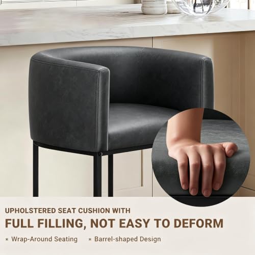 Image of 26 inch H Counter Height Bar Stools Set of 3, Modern Barrel Counter Stools with Backrest and Arms, Faux Leather Upholstered Accent Barstools for Kitchen Island,Support 450 LBS (Black)