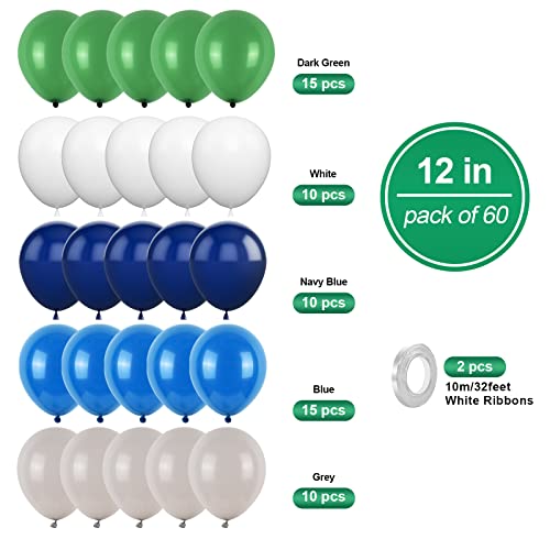Image of Blue Green Balloons Set, 60PCS Green Blue White Birthday Balloons, 12 Inch Navy Blue Dark Green Grey Latex Balloons Helium for Boys Girls Birthday Baby Shower Jungle Safari Dinosaur Party Decorations