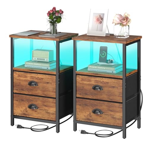 Sthmec Rustic Brown Industrial Nightstand Set of 2, Bedside Table with 2 Fabric Drawers, 3-Tier...