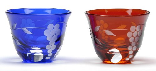 Japanese Edo-Kiriko (Cut Glass) Sake Cup Blue and Red Grape Pattern