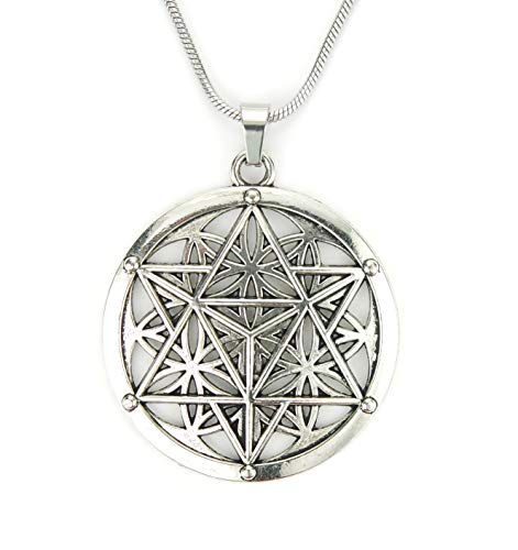 Merkabah on Flower of Life Necklace, Sacred Geometry Merkaba Pendant Merkavah on Stainless Snake Chain (20)
