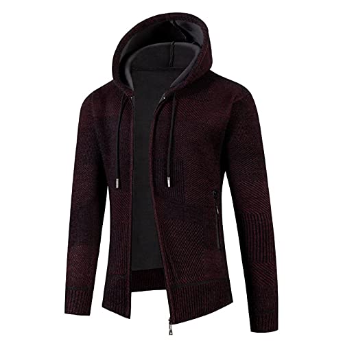 Gdjgta Lightweight Jackets For Men Winter Long Sleeved Plus Velvet Solid Color Hooded Sweater Cardigan Outerwear (Wine, Xl) #TOP1