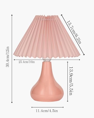 Image of Homesake Modern Small Ceramic Table Lamp, Classic Bedside Desk Lamp for Living Room Bedroom, Farmhouse Home Decor Nightstand Lamps with Fabric Pleated Shade (Pink)