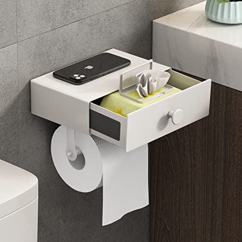 VOLDRA Toilettenpapierhalter Mit Feuchttücherbox Klopapierhalter Ohne Bohren Klorollenhalter mit Ablage Papier Halterung für Wc & Bad-Wandhalterung(weiß)