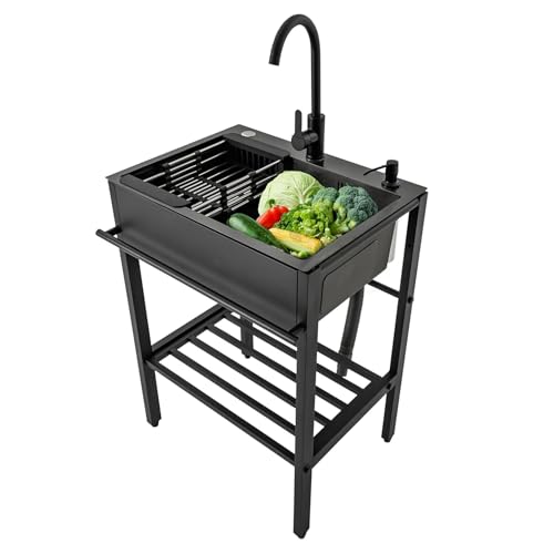Fregadero Exterior,Fregadero de Cocina Comercial,Fregadero Industrial 1 Senos,Fregadero de Acero Inoxidable Independiente,Fregadero Industriales Negro con Grifo,para Restaurante,Bar,Jardín(68x45x86cm/