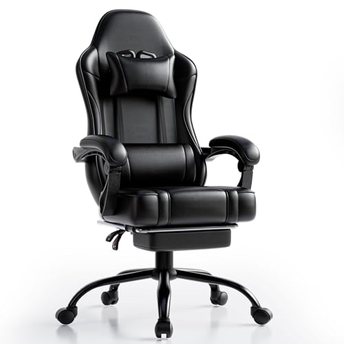 HOTOSYCH Sedia Gaming Ergonomica, Poltrona Gaming con Schienale Regolabile, Sedia da Gamer con Poggiatesta e Supporto Lombare, Sedia Gamer in Pelle Sedia Gaming con Poggiapiedi (Cuscino piatto, Nero)