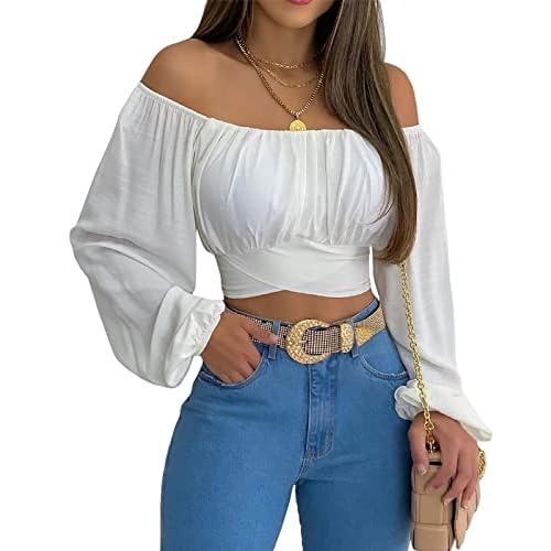 MIRACMODA Woman Off Shoulder Ruched Tie Back Crop Top Summer Lantern Sleeve Boho Shirt Blouse