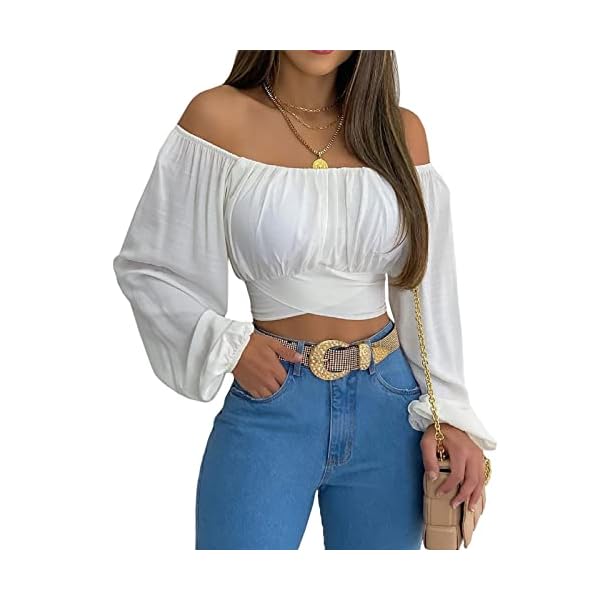 MIRACMODA Woman Off Shoulder Ruched Tie Back Crop Top Summer Lantern Sleeve Boho Shirt Blouse