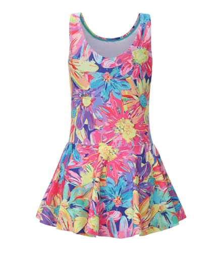 Image of Girls One Piece Swimsuits Leopard Bathing Suit for Kids Hawaiian Swimwear with Skirt Swim Dress 3-16 Years