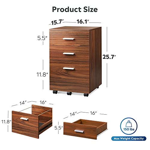 Image of DEVAISE 3 Drawer Mobile File Cabinet, Wood Filing Cabinet fits A4 or Letter Size for Home Office, Walnut
